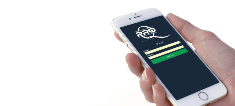 QPro login screen on mobile phone in palm