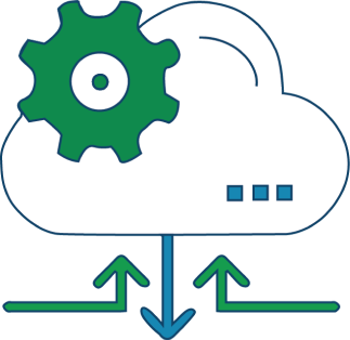 Cloud with green gear and upward green arrows and downward blue arrows icon